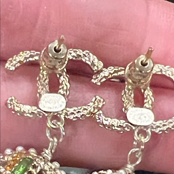 CHANEL Gold-Tone Double C Drop Earrings with Multicolor Enamel and Pearl Accents - Picture 12 of 15